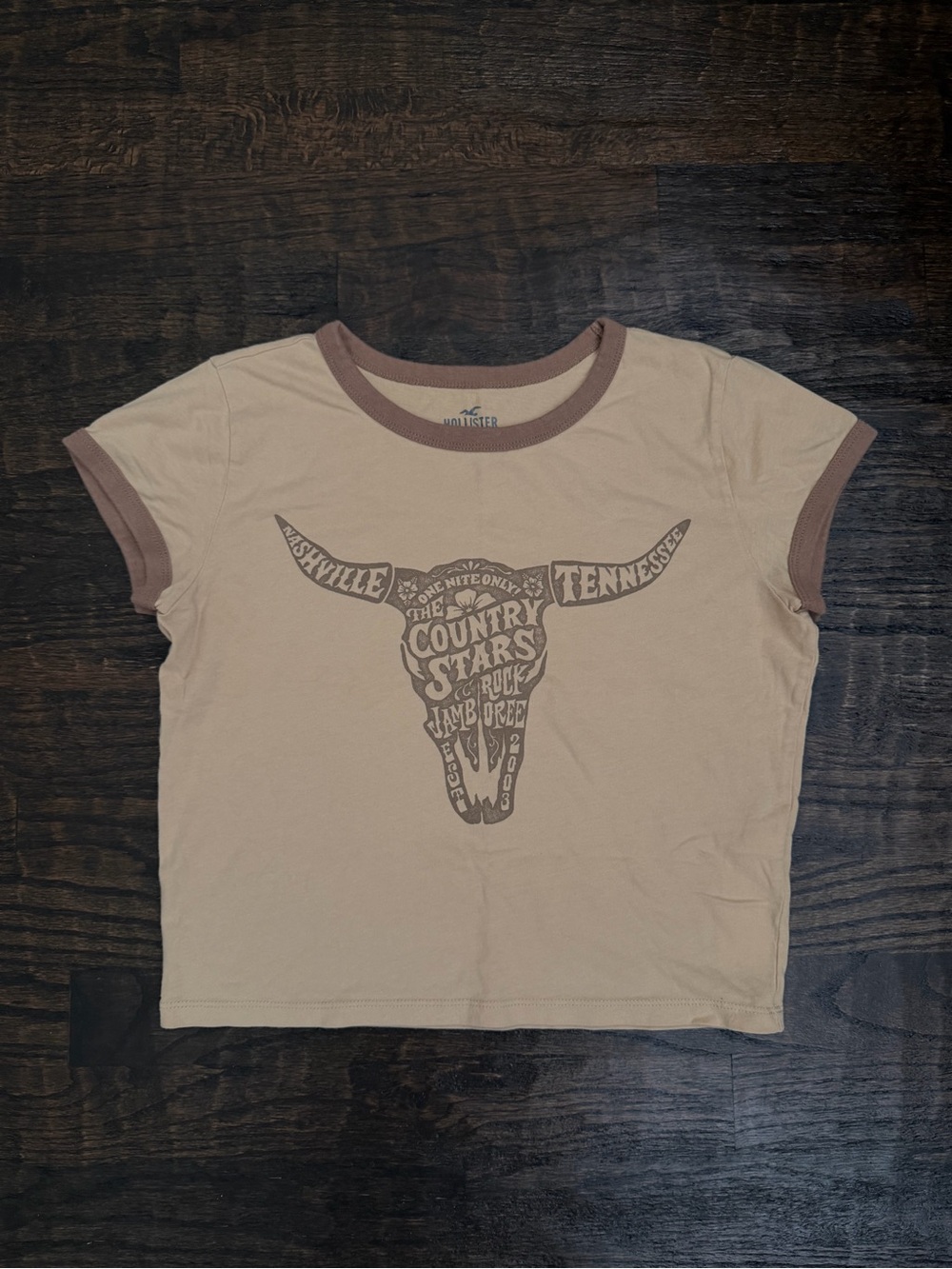 Hollister Cream Tee with Brown Ringer and Brown Graphic
